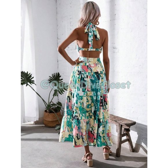 Vacation Allover Print Cut Out Front Ruffle Halter Backless Maxi Dress L 8/ 10 - Picture 3 of 6